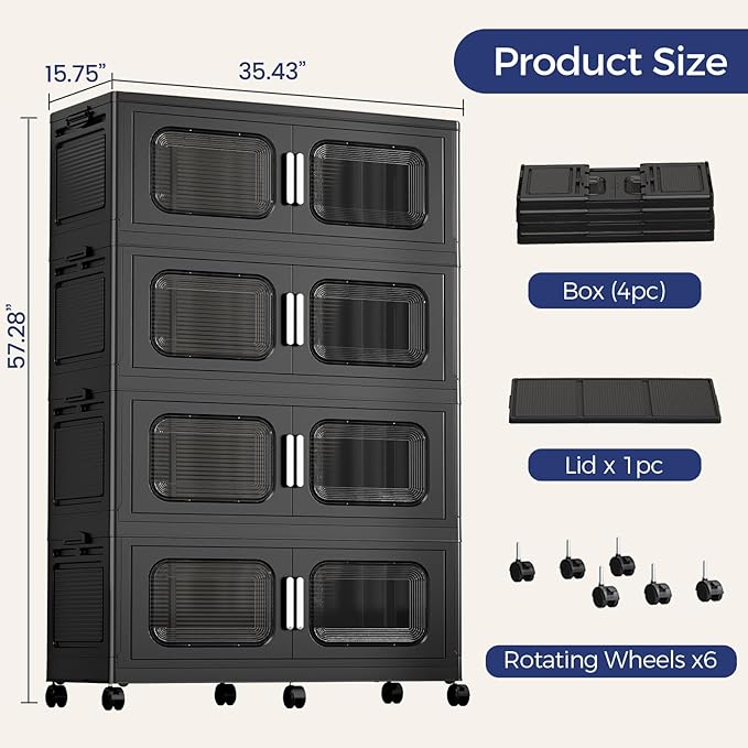 200 Gallon Extra Large Storage Bin with Lid and Wheels, Stackable Collapsible Plastic Storage Box with Door, Foldable Organizer for Closet, Kitchen, Office, Living Room, 4 Pack Black