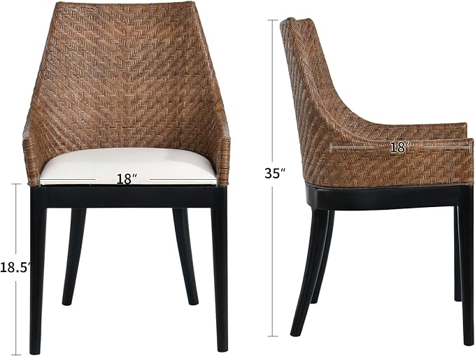DUHOME Natural Rattan Accent Chair, Tropical Coastal Herringbone Weave Solid Wood Frame Armchair with Cream Upholstered Cushion & Black Tapered Legs, Ergonomic Comfort for Living Room Reading Nook