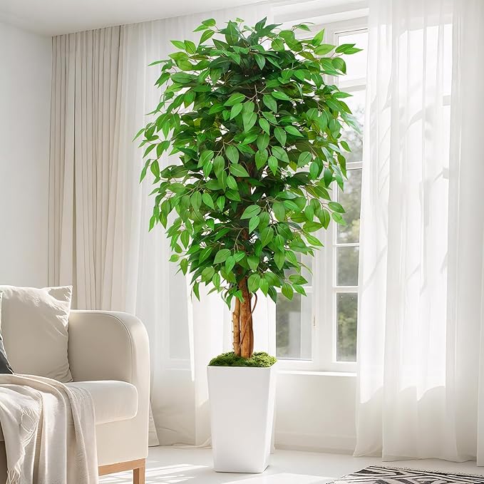 6ft Ficus Artificial Tree with 3 Natural Curved Trunks, 74" Tall Lush Faux Tree for Home Decor Indoor, Green Lifelike Fake Ficus Tree with White Planter Pot