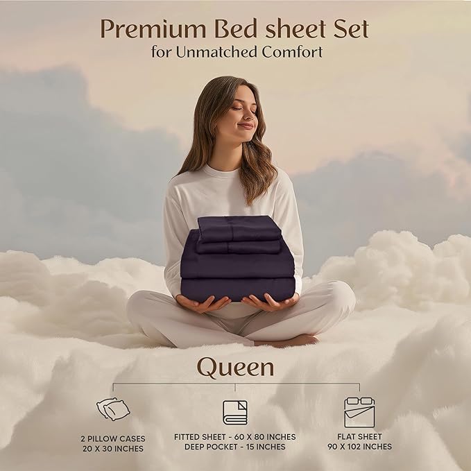 Utopia Bedding Queen Sheet Set – 4 Piece Bed Sheets for Queen Size Bed, Soft and Breathable Microfiber, Includes 1 Fitted Sheet, 1 Flat Sheet and 2 Pillowcases (Dark Purple)