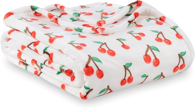 Berkshire Blanket-Classic Heavyweight Soft Printed VelvetLoft® Plush Warm Blanket, Twin Size Soft Fuzzy Blanket for Couch Sofa Bed, Cherries Toss White, 60in x 90in