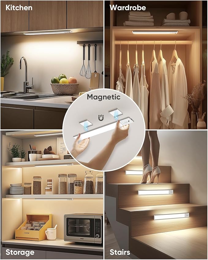 Under Cabinet Lighting Wireless, 2200mAh Rechargeable Battery Operated Motion Sensor Light Indoor, 3 Color Temps Under Counter Light, Dimmable Wireless Closet Lights w/Remote for Kitchen,Pantry,4 Pack