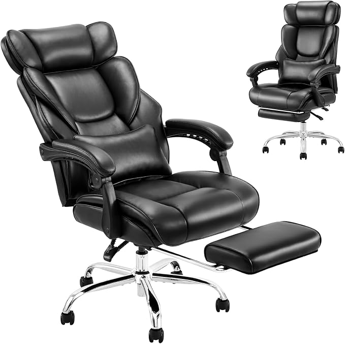 COLAMY Office Chair with Retractable Footrest, Ergonomic High Back Design Executive Computer Desk Chair with Removable Lumbar Pillow, 90-135°Reclining, Thick Bonded Leather for Home Office Work, Black
