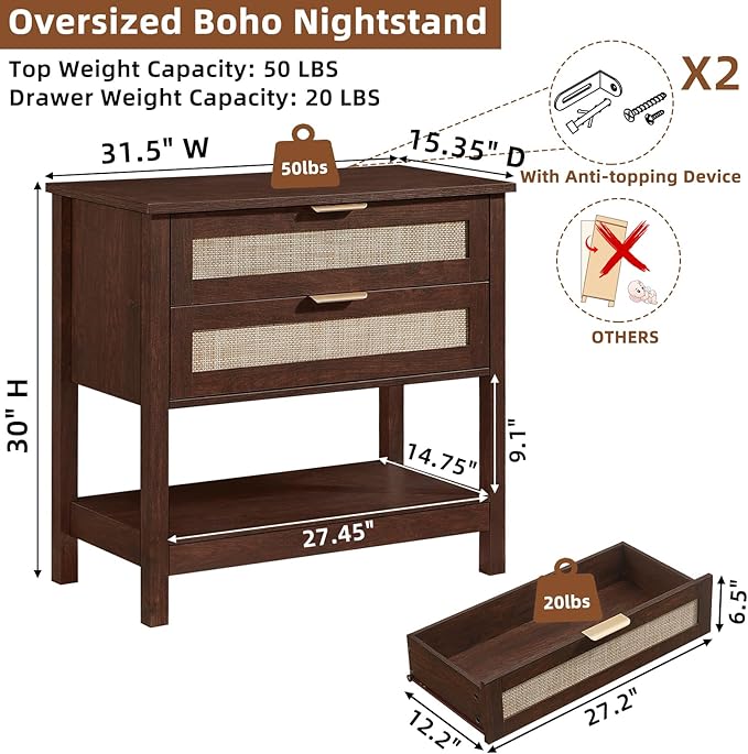 LEYAOYAO 31.5" Wide Rattan Night Stand, Oversized Large Walnut Nightstand with 2 Drawer, Boho Bed Side End Tables with Storage Shelf, Tall Bedside Table for Bedroom Living Room, Hallway