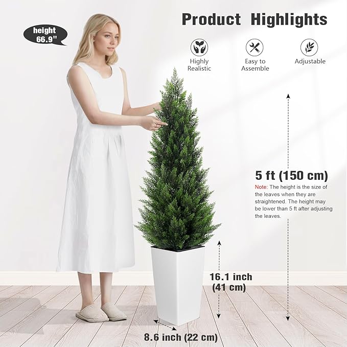5FT Tall 2 Set Artificial Topiary Cedar Tree, Indoor Realistic Faux Cypress Plants with Square Flowerpot, Outdoor Evergreen Fake Shrubs for Home Living Room Front Porch Decor