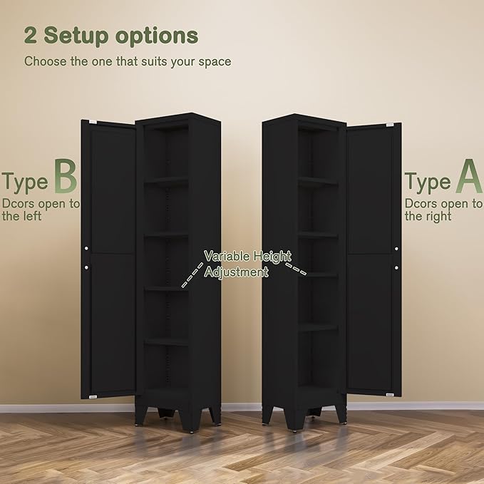 COFaR Tall Bathroom Cabinet, Metal Farmhouse Narrow Slim Storage Cabinet with Adjustable Shelves Barn Door for Bathrooms, Kitchens, Entrances Living Room (Black)