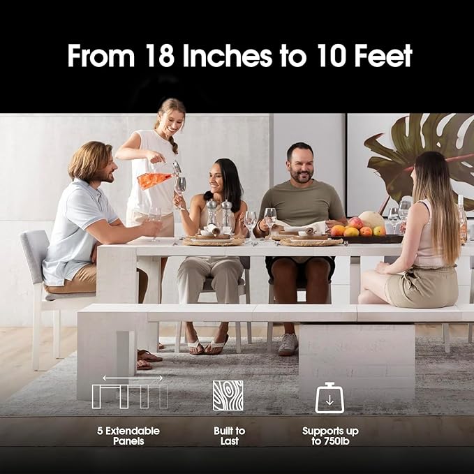 Transformer Table - Solid Wood Extendable Dining Table, Seats 2-12, Extendable Dining Room Table, Space-Saving Furniture, Expandable Dining Furniture (White, Table + Bench + 4 Chairs)