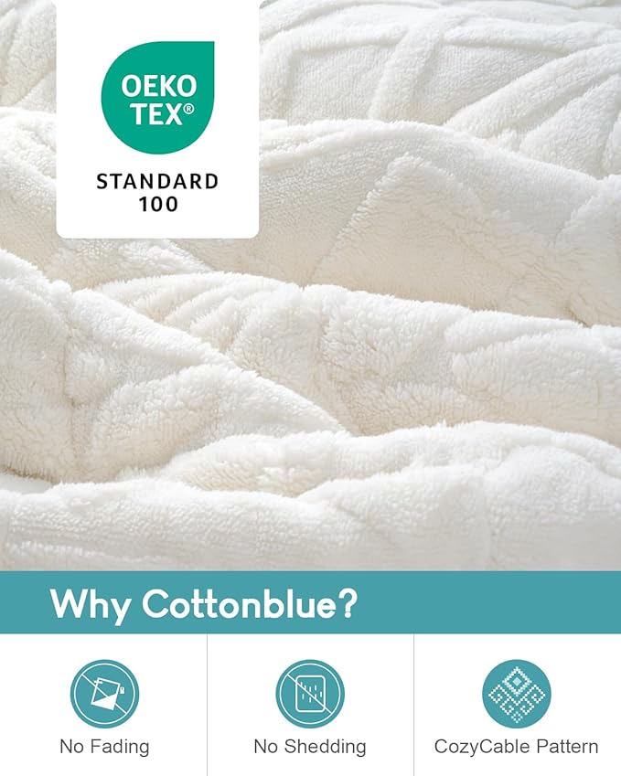 Cottonblue Jacquard Weighted Blanket 15lbs for Adults Queen Size, Ultra Soft Cozy Comfort Sherpa Blanket for Relax and Sleep, Heavy Bed Blankets with Cemaric Beads, 60x80 Inches, Cream White