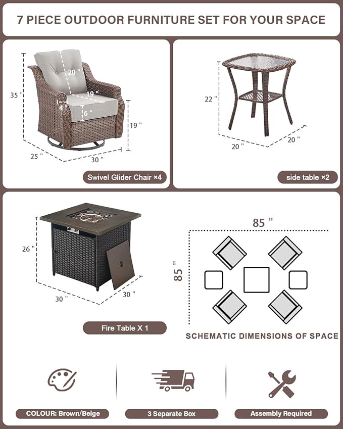 Belord Luxury Patio Furniture Set with Fire Pit Table - Outdoor Swivel Rocker Chairs Set of 4 with 30 inch Propane Fire Table for Patio Conversation and Cozy Outdoor Gatherings