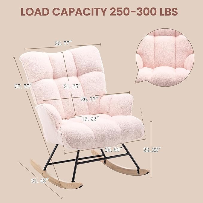 Rocking Chair Nursery Teddy Upholstered Glider Rocker Rocking Accent Chair Padded Seat with High Backrest Armchair Comfy Side Chair for Living Room Bedroom Offices (Pink Teddy)