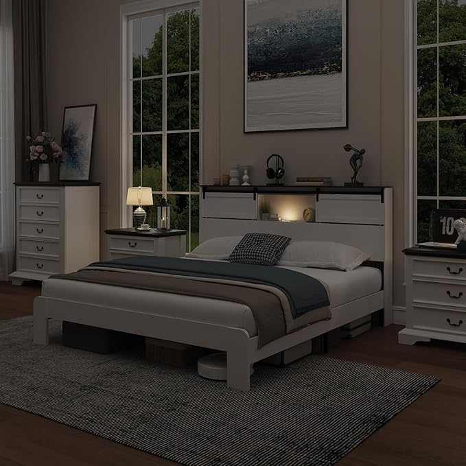 King Wood Bed Frame, Sliding Barn Door Storage Headboard with LED Lights and Charging Station, Farmhouse Wood Platform Bed with Metal Slat Supports, No Box Spring Required, Noiseless, White