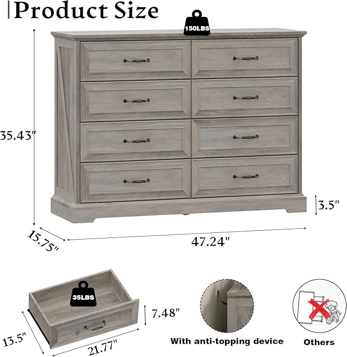 Farmhouse 8 Drawers Dresser for Bedroom, 48" Wide Modern Chest of Drawers with Deep Drawers & Bar Handles, Rustic Wood Dresser TV Stand, Wooden Closet Storage Organizer for Living Room, Hallway, Grey