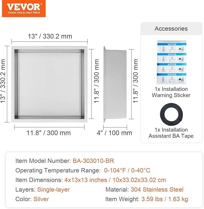VEVOR Shower Niche No Tile Needed, Stainless Steel Niche for Shower Wall, Sealed Waterproof Rust-Resistant Bathroom Niche for Storage, 13x13'' Single Shelf