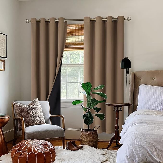 BGment 100% Blackout Curtains for Bedroom Window 84 Inch Length 2 Panels Set, Thermal Insulated Full Light Blocking Grommet Drapes for Living Room Darkening with Black Liner, 52 Inch Wide Each, Taupe