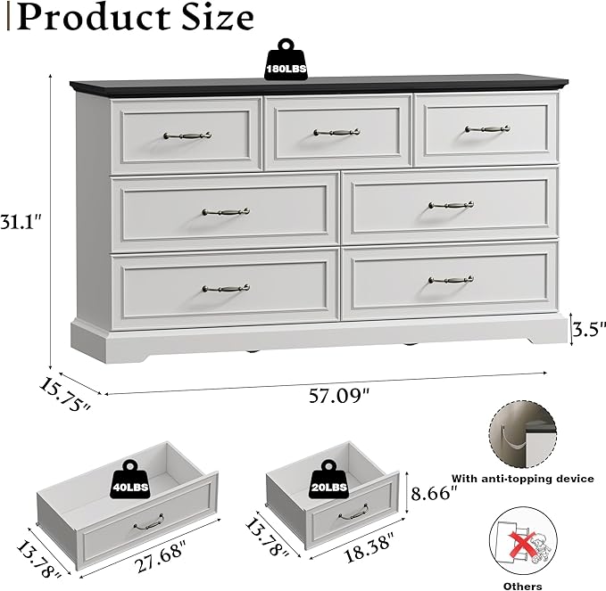 Farmhouse 7 Drawers Dresser for Bedroom, 57" Wide Modern Chest of Drawers with Deep Drawers & Bar Handles, Rustic Wood Dresser TV Stand, Wooden Closet Storage Organizer for Living Room, Hallway, White