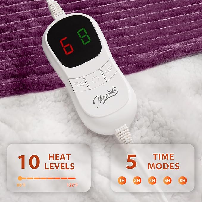 Homemate Heated Blanket Electric Throw - 50"x60" Heating Blanket Throw 1/2/4/6/8 Hours Auto-Off 10 Heat Levels Over-Heat Protection Soft Flannel Sherpa ETL Certification