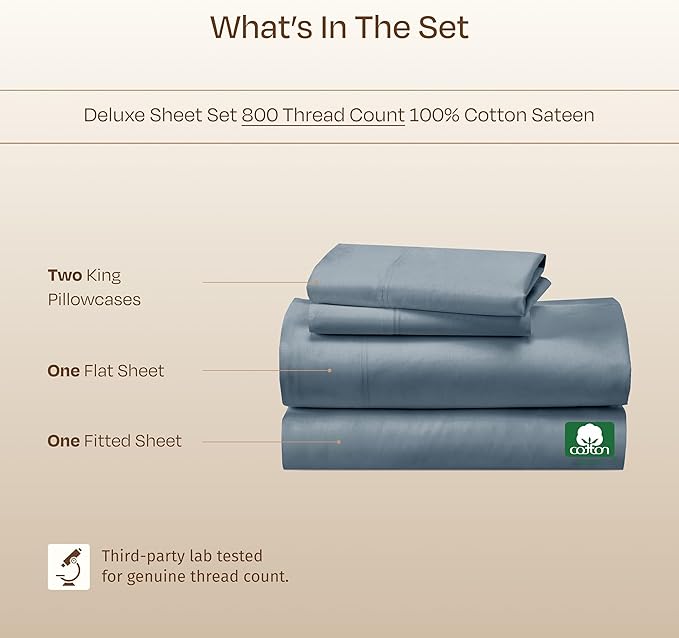 California Design Den Luxury 100% Cotton Sateen - Buttery Soft 800 Thread Count King Bed Sheet Set, Durable Deep Pocket Bedding (Blue)