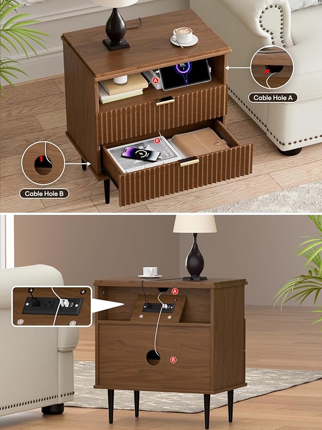 Modern Nightstand with Charging Station, 2-Drawer Fluted Wood Bedside Table with USB, Type-C & AC Outlets, Metal Legs, Perfect for Your Bedroom (Walnut, 23.3)