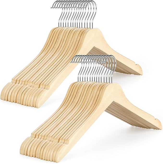 TOPIA HANGER Wooden Hangers 30 Pack, 0.28-inch Slim & Durable Clothes Hangers Space Saving, Natural Wood Hanger with 360°Swivel Hook and Smooth Notches for Coat,Shirts, Camisoles-CT31N