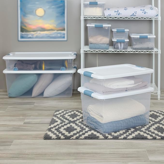 Sterilite 24-Pack Latching Box, Under Bed Storage Bins with Lids, Clear Plastic, 106 Quart - Heavy-Duty Organizing Containers for Closet, Bathroom, and Office