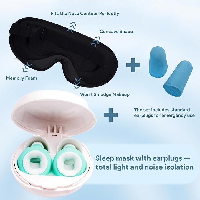 Silicone Ear Plugs for Sleeping – 27 dB Noise Reduction, Reusable Soft Earplugs for Side Sleepers + Bonus 3D Blackout Sleep Mask for Travel, Snoring & Migraine Relief