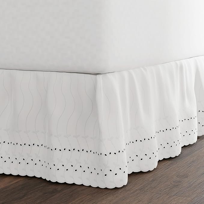 Fresh Ideas Eyelet Bed Skirt, Ruffled Design, 14 Inch Drop, Embroidered Scalloped Edge, Full, White