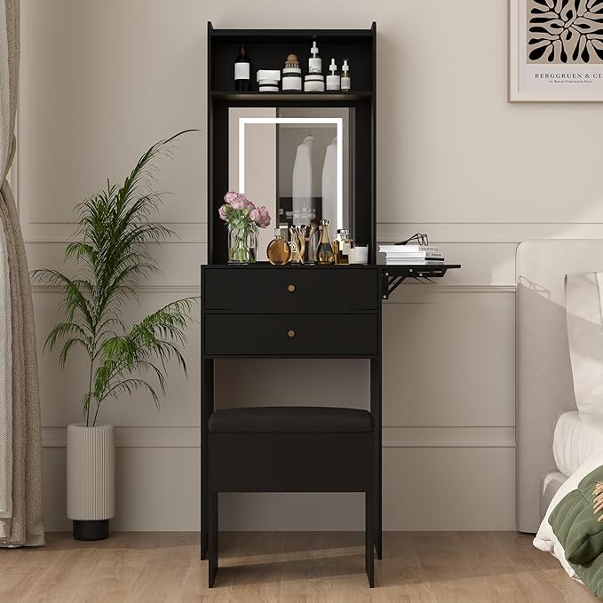 ARTETHYS Small Vanity Desk Set with 3 Adjustable Lighted Mirror and Storage Chair Mini Black Makeup Vanities Set for Bedroom Compact Make up Dressing Table with Fold-up Panel for Tiny Space