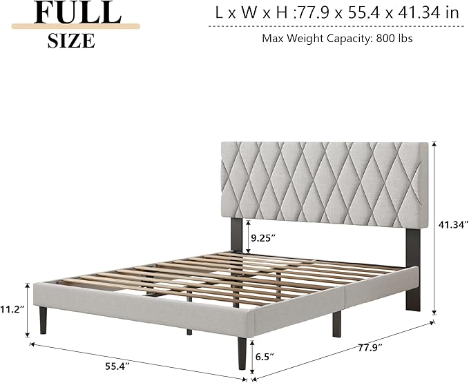 Full Size Bed Frame with Diamond Tufted Headboard, Linen Upholstered Platform Bed and Wooden Slat Support, Noise-Free, No Box Spring Needed, Easy Assembly, Light Grey