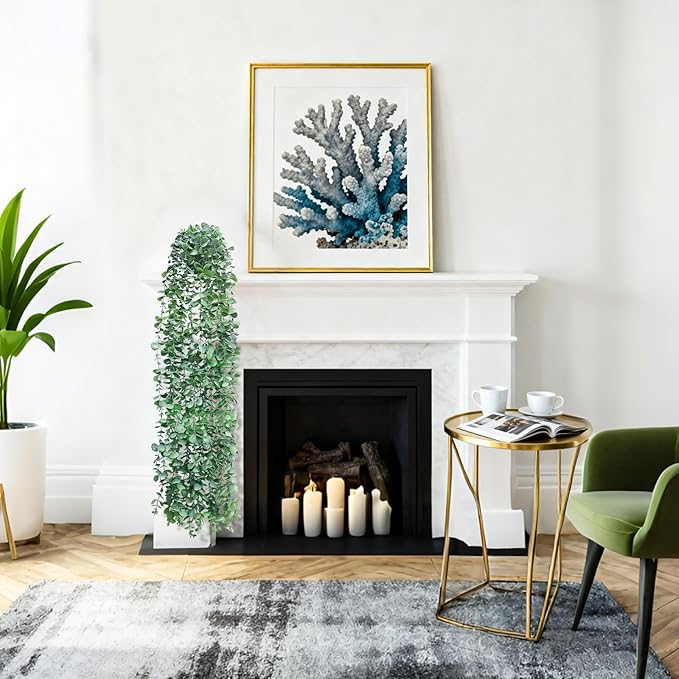 Artificial Hanging Plants for Shelf, Fake Potted Greenery 2-Pack Faux Eucalyptus Vine in Black Pot, Décor for Office Living Room Bathroom Indoor Outdoor