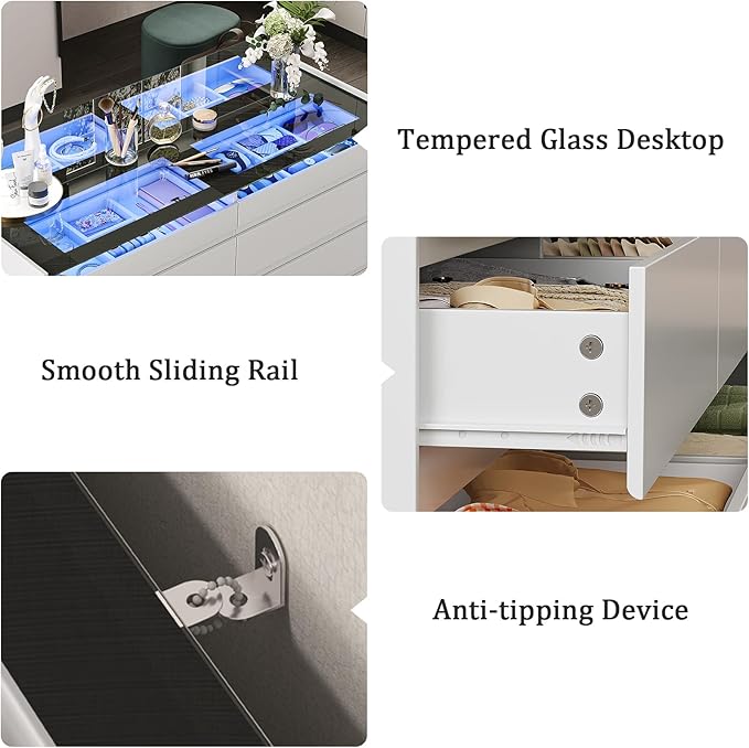 White Dresser for Bedroom Set of 2, 8 Drawer Dresser with Glass Top and LED Light, Modern Chest of Drawers, Jewelry Dressers Display, Dressers Organizer for Bedroom, Closet, Living Room