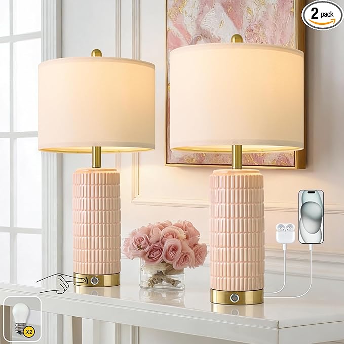 PoKat 25'' Table Lamps Set of 2 for Bedroom with 3-Way Dimmable Touch Control, Bedside Lamps with USB A+C Ports for Living Room, Modern Ceramic Pink Lamps for Kids Girls Decor (2 Bulbs Included)