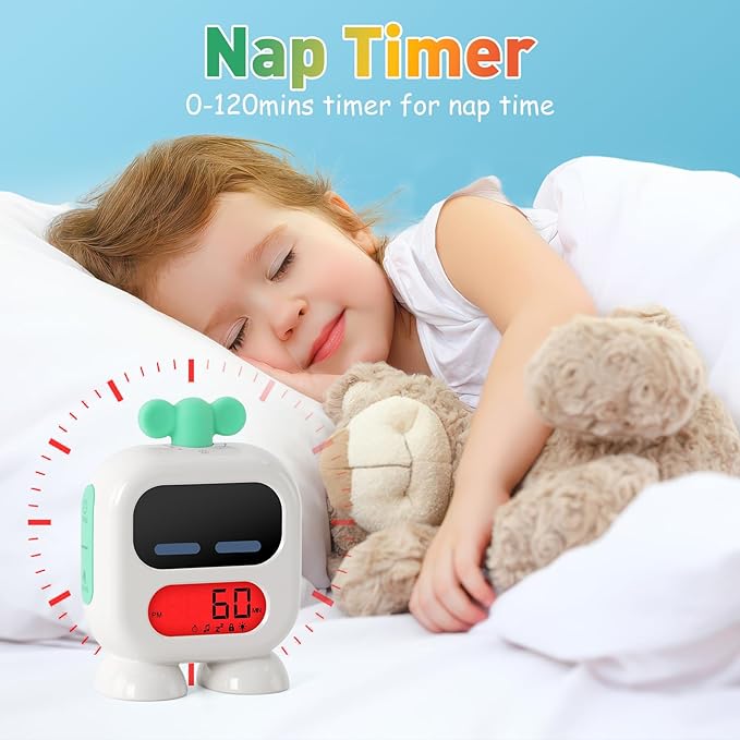 Kids Alarm Clock Ok to Wake with Green Light Red Light, Nap Timer, Robot Toddler Sleep Training Clock for Children (Green)
