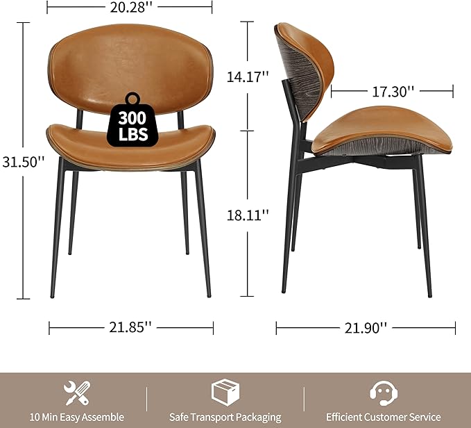 Art Leon Dining Chairs Set of 4, Grey Oak Bentwood, Mid Century Modern Chair, Orange Faux Leather Kitchen Dining Room Chairs with Black Metal Legs, Accent Chairs for Bedroom