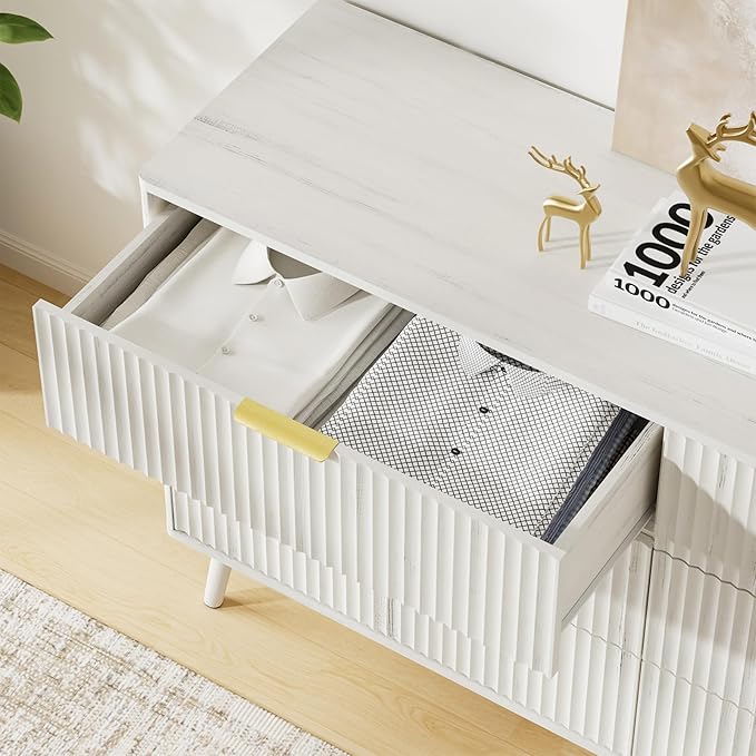 LYNSOM 55" Wide Fluted Dresser for Bedroom with 6 Drawer, Modern Chest of Drawers with Curved Profile Design and Metal Handles, Wood Dresser TV Stand & Storage Organizer for Living Room, White