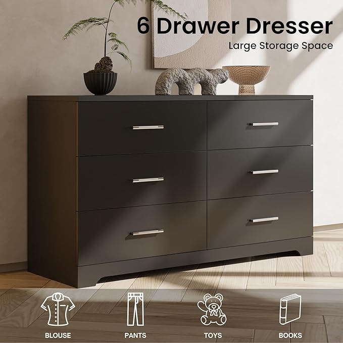 Karl home 6 Drawer Dresser, Wood Black Vanity Drawer Cabinet, Bedroom Storage Cabinet TV Stand, Large Dresser Storage Chest with Deep Drawers, Bedroom Furniture, 47.2×27.6×15.7 inches