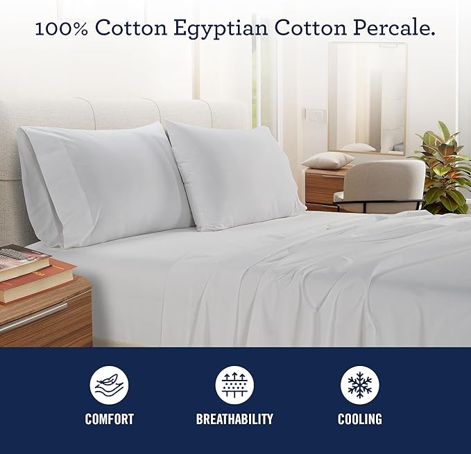 IZOD 100% Egyptian Cotton Sheets Set Queen Size, Cotton Percale Crisp Sheet Set 4Pc, Lightweight & Deep Pocket fits Upto 17", Long-Staple Soft Combed, Hotel Style Sheets Luxury Bedding Sheet - White