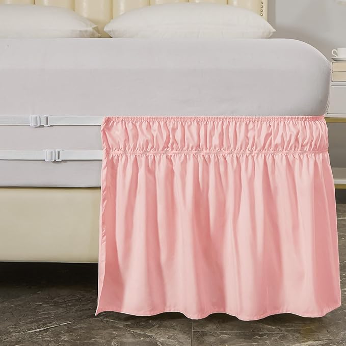 MEILA Wrap Around Bed Skirt Three Fabric Sides Elastic Dust Ruffled 16 Inch Tailored Drop,Easy to Install Fade Resistant-Pink, Twin/Full