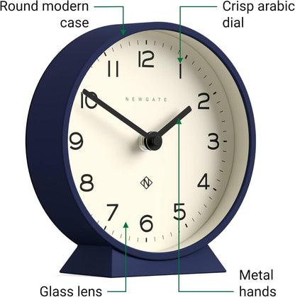 NEWGATE® M Mantel Echo Desk Clock | Modern Round Design | Navy Blue | Easy to Read Numbers | Contemporary Style for Desk, Table, Shelf or Bedside