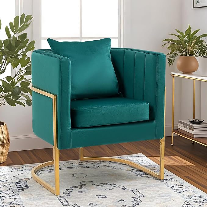 Velvet Modern Accent Chair, Upholstered Barrel Armchair Mid Century with Pillow for Living Room, Comfy Single Vnaity Chair with Metal Gold Legs for Bedroom, Green