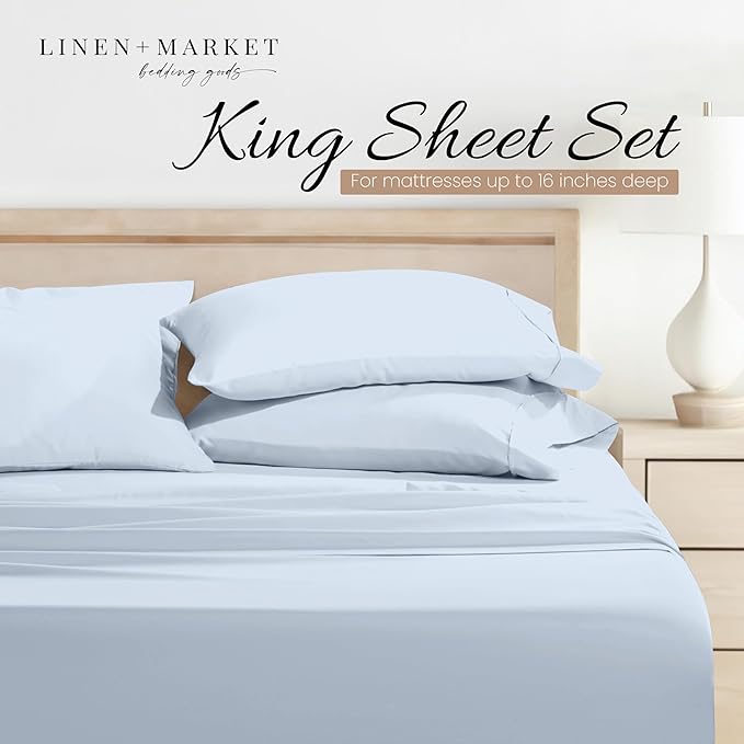 Linen Market Double-Brushed Microfiber King Sheet Set 4 Piece – Oeko-TEX Certified Ultra Soft & Wrinkle-Free - 16" Deep Pocket Sheets - Easy Care King Size - Light Blue