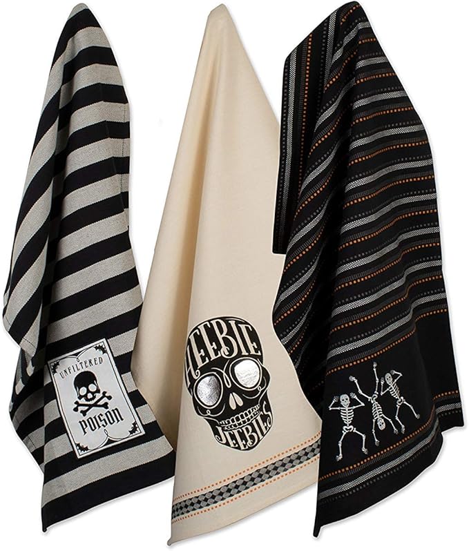 DII Happy Halloween Dishtowel Collection Embellished Cotton Kitchen Hand Towel Set, 18x28, Skeleton, 3 Count