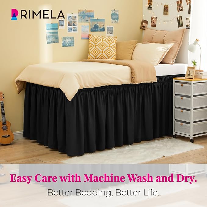 RIMELA Black Bed Skirt Twin 32 Inch Drop Silky Luxurious Fabric, Wrinkle and Fade Resistant with Adjustable Elastic Belt Easy to Install Machine Washable Dust Ruffles Bedskirt for Matress Box Spring