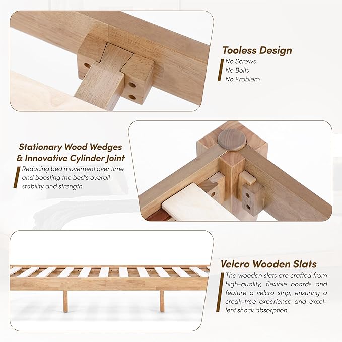 Thor Premium Solid Wood Bed Frame Queen, Platform Bed, Japanese Joinery Bed Frame, Wood Slat Support, No Box Spring Needed, Easy Assembly, Minimalist & Modern Style (Light Oak)