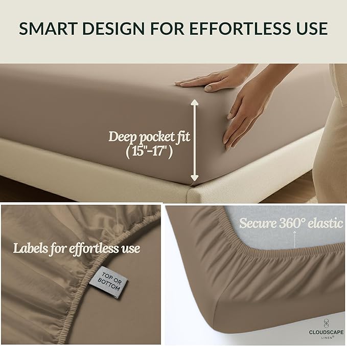 Cloud Scape Linen 100% Egyptian Cotton California King Sheet Set, 400 Thread Count,4 Pieces Luxury Bedding Set, Hotel Quality, Silky Soft, Breathable and Durable, Deep Pockets up to 17, Taupe