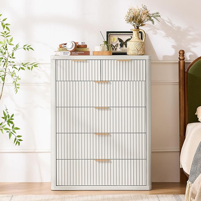 LEYAOYAO Fluted 6 Drawers Dresser for Bedroom Set of 2, 42" Tall Modern Chest of Drawers with Metal Handle, Curved Profile Design,White Wood Drawer Organizer for Bedroom, Living Room, Hallway