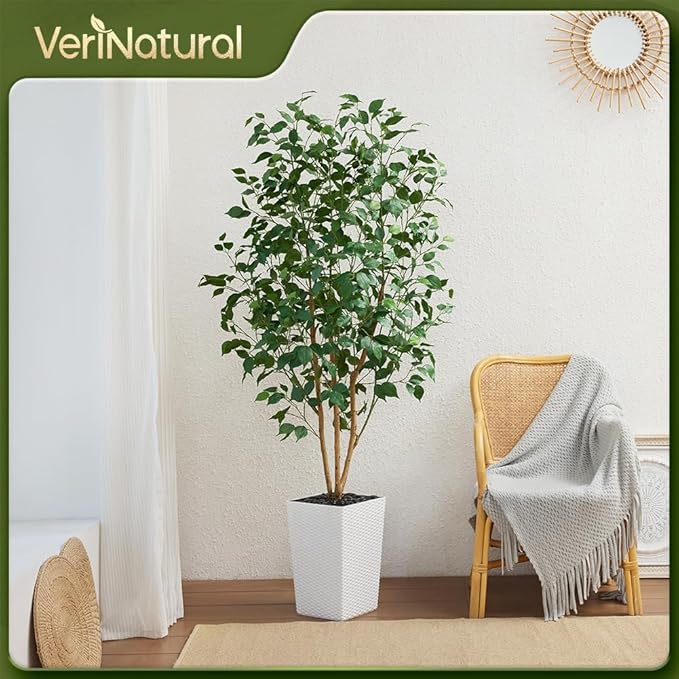 6ft Artificial Ficus Tree-Tall Faux Tree with Pebbles & Planter UV Resistant Potted Fake Plant with Silk Leaves & Real Wood Trunk-Indoor Outdoor Floor Plant for Home,Living Room,VN129
