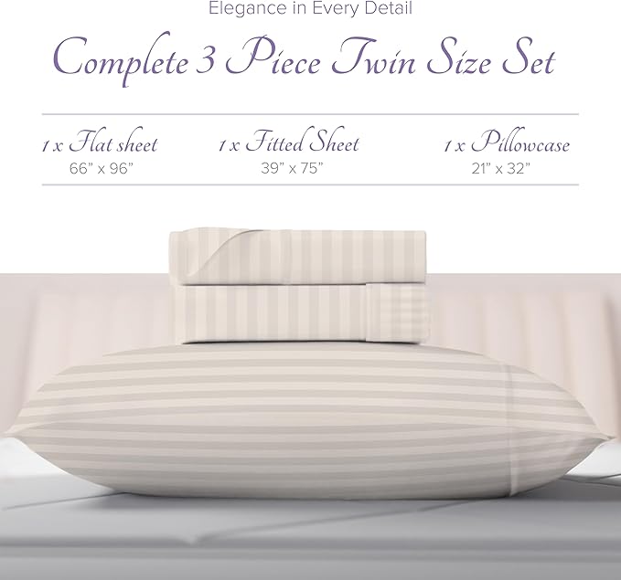 Carressa Linen Luxury Egyptian Cotton Twin Stripe Sheet Set - 600 Thread Count Extra Long Staple 3 PC Set, Twin Damask Sheets, Soft, Cooling Sateen Weave Striped Sheets Upto 18" Deep Pocket - Ivory