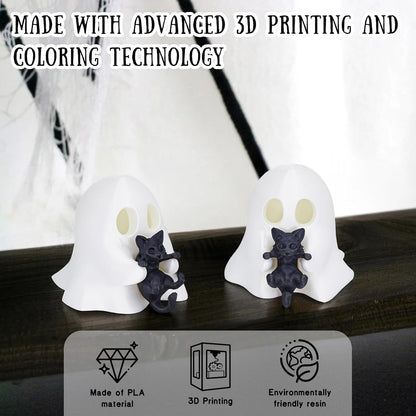 1 Pcs Halloween Ghost Figurine Cute Desktop Ornament Cute Cartoon Little Ghost Hugging Kitten Designs Resin Spooky Halloween Statue for Home Offince Art Display Decor Suppies