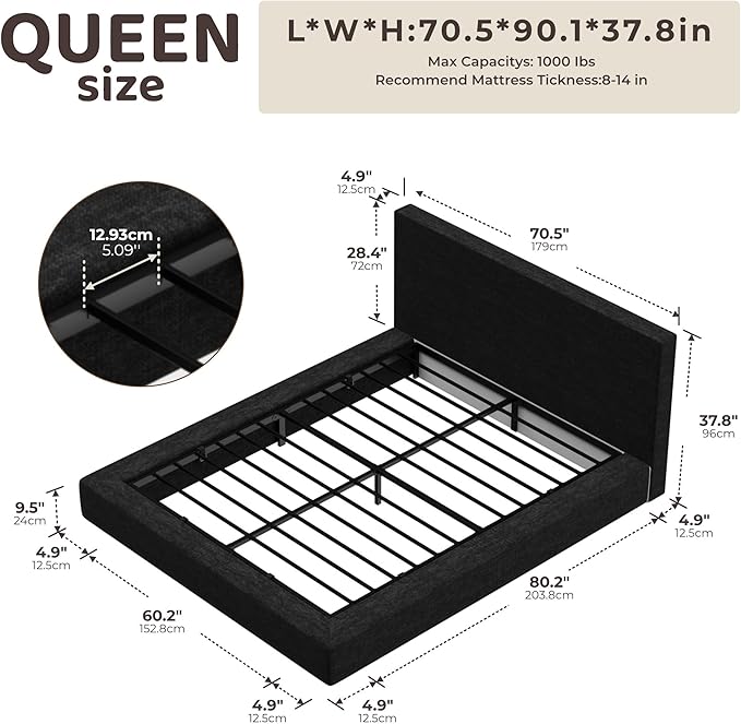 RECCI Cloud Upholstered Queen Bed Frame with Headboard, 5 Inch Foam Padded Platform, No Box Spring, Easy Assembly (Onyx Black)