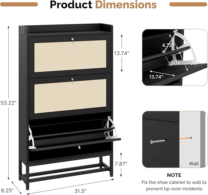Slim Entryway Shoe Storage Cabinet with 3 Flip Drawers, Modern Freestanding Shoes Organizer Holds 16-20 Pairs, Closed Shoe Storage for Hallway, Foyer - Space-Saving Wood Shoe Cabinet